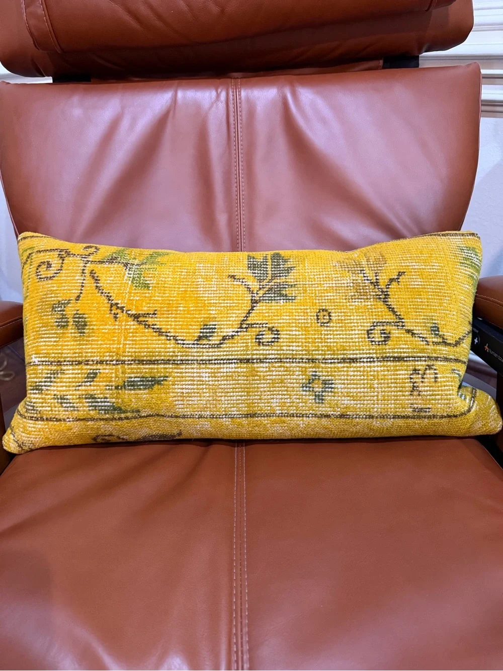 Turkish Rug Yellow Decorative Lumbar Pillow with Subtle Green Motif